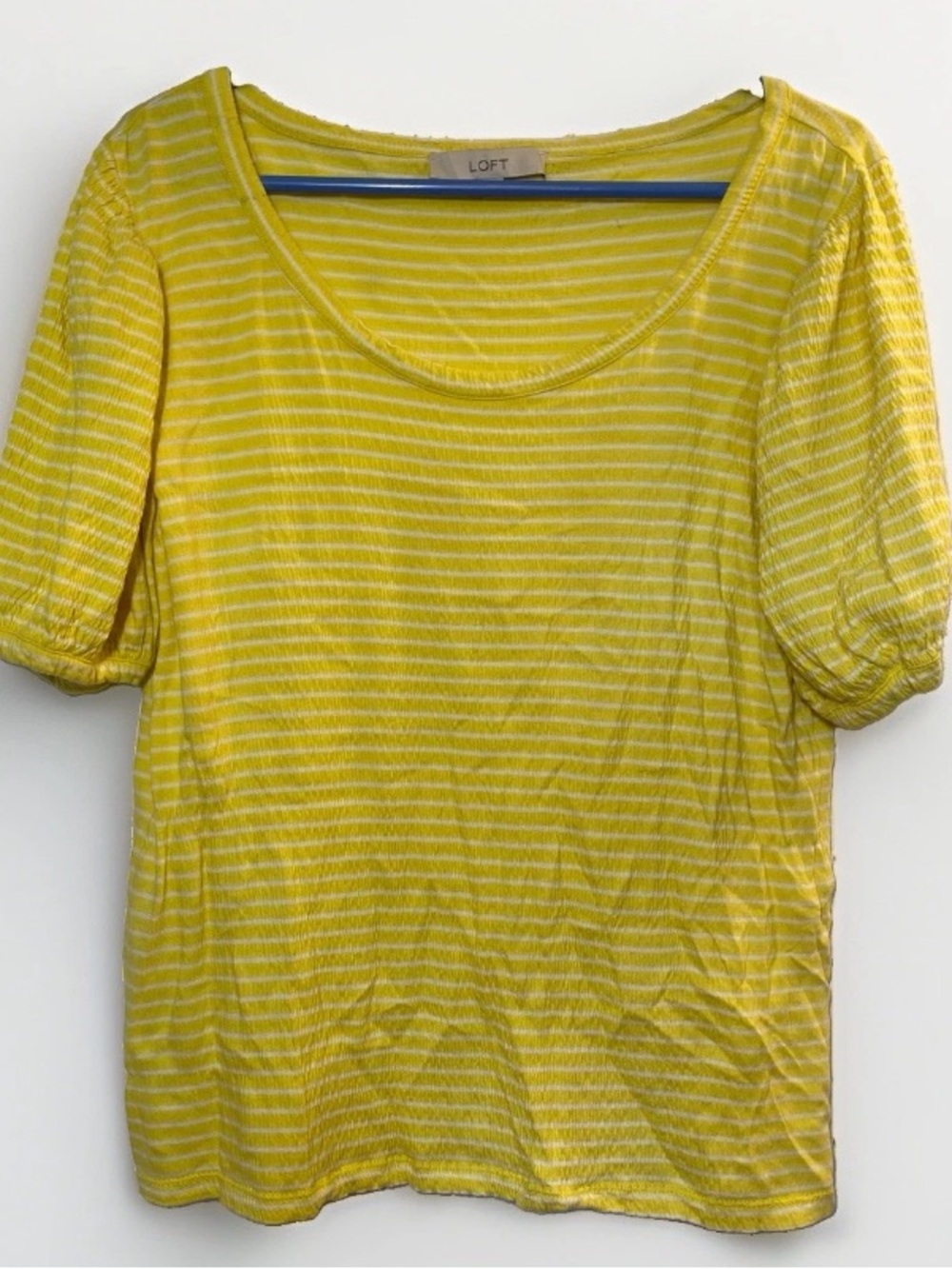 Loft Women’s Large Shirt Blouse Top Yellow Striped Textured Short Puff Sleeves